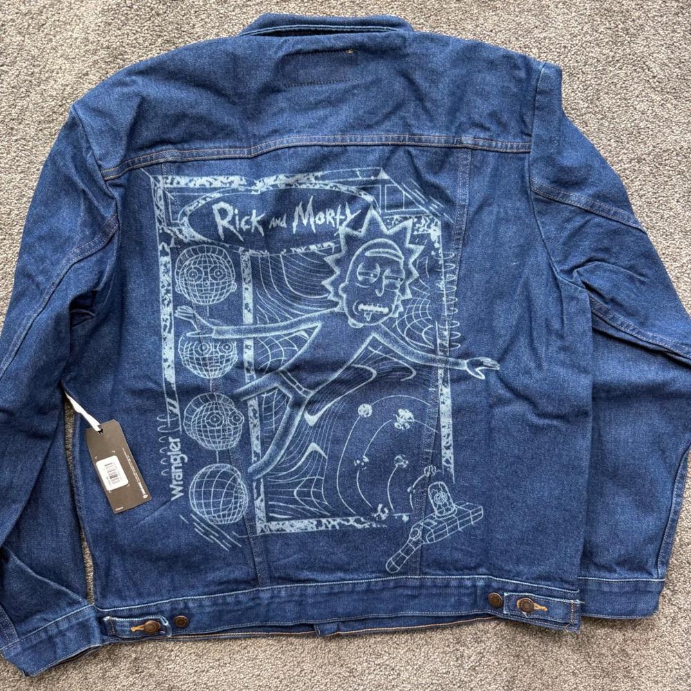 Wrangler Rick and Morty Denim Jacket Mens Large Blue Graphic Western Trucker New